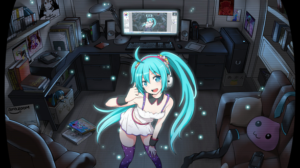 Обои на рабочий стол Vocaloid Hatsune Miku / Вокалоид Хацунэ Мику материализовалась в комнате у мангаки, который это нарисовал