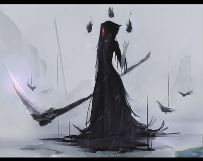 Обои на рабочий стол Девушка-смерть держит в руках косу, by Aoi Ogata
