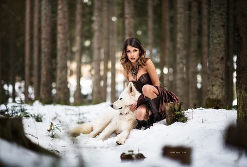 Обои на рабочий стол Девушка с собакой сидят на снегу, фотограф Miki Macovei