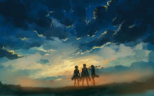 Обои на рабочий стол Armin Arlert / Армин Арлерт, Eren Yeager / Эрен Егер и Mikasa Ackerman / Микаса Акерман в лучах рассвета из аниме Атака Титана / Attack on Titan / Shingeki no Kyojin
