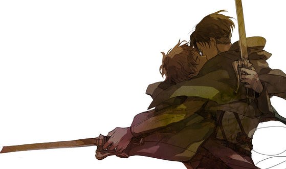 Обои на рабочий стол Levi / Леви и Eren Yeager / Эрен Джагер слились в поцелуе из аниме Атака Титана / Attack on Titan / Shingeki no Kyojin