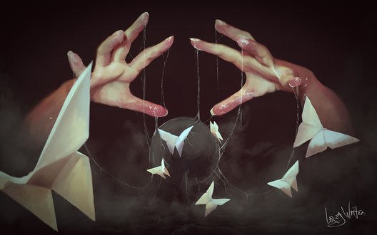 Обои на рабочий стол Темная сфера с бабочками оригами, над которой руки, автор Hangiviolett