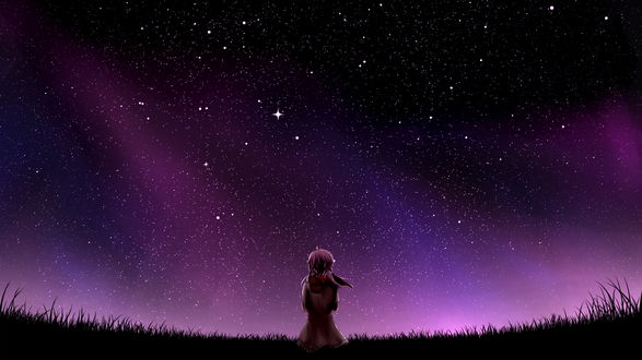 Обои на рабочий стол Vocaloid Yuzuki Yukari / Вокалоид Юзуки Юкари стоит на фоне фиолетового звездного неба