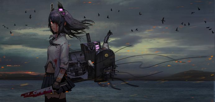 Обои на рабочий стол Персонаж из игры Kantai Collection / Флотская Коллекция с окровавленным мечом, by Tomiya7112