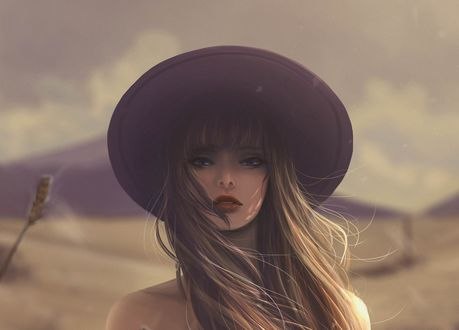 Обои на рабочий стол Девушка в шляпе стоит на фоне природы, by jennyshiii