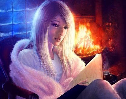 Обои на рабочий стол Девушка с книгой сидит у камина, by slshimerdla