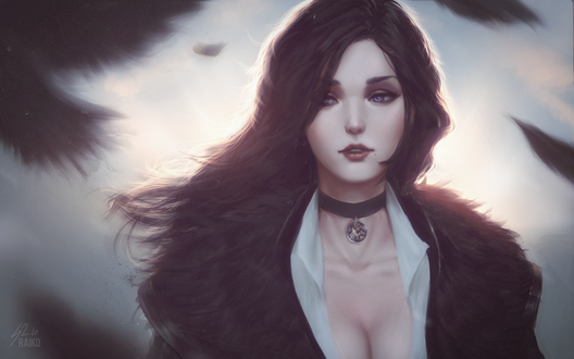 Обои на рабочий стол Йеннифэр / Yennefer с чокером на шее из игры Ведьмак 3: Дикая Охота / The Witcher 3: Wild Hunt, автор Raikoart