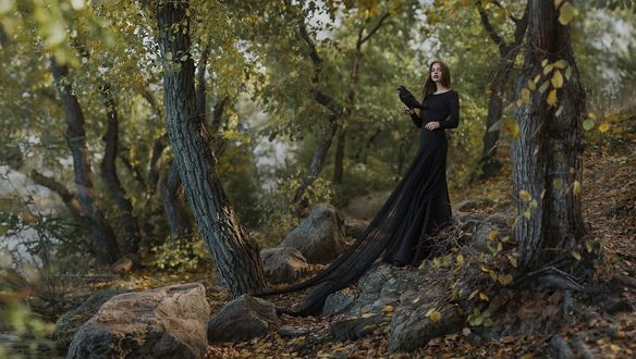 Обои на рабочий стол Девушка с вороном на руке стоит в лесу, фотограф Irina Dzhul
