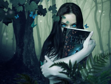 Обои на рабочий стол Девушка с книгой Fear / Страх в руках в волшебном лесу