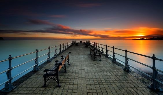Обои на рабочий стол Причал с лавочками на закате, by The Narratographer