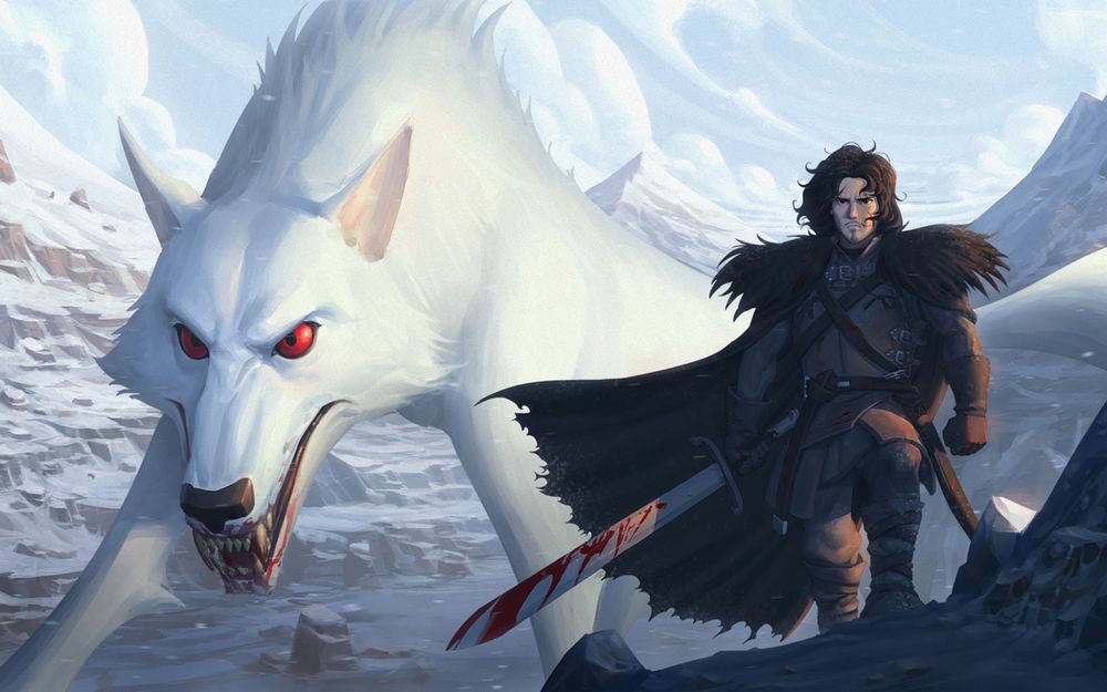 Обои для рабочего стола Jon Snow / Джона Сноу и белый волк Ghost / Призрак из сериала Игра престолов / Game of Thrones