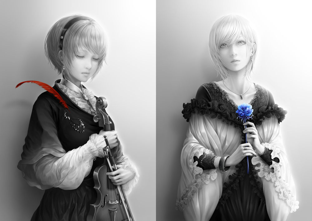 Обои для рабочего стола Две девушки в красивых платьях, одна в руках держит скрипку, а вторая голубой цветок, by bouno satoshi