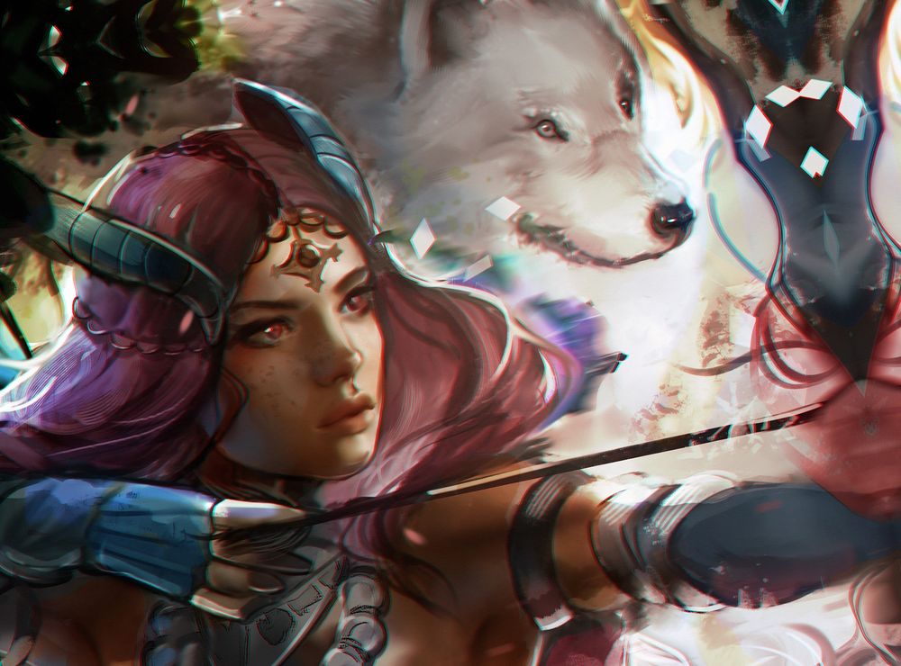 Обои для рабочего стола Лучница и белый волк из игры Guild Wars