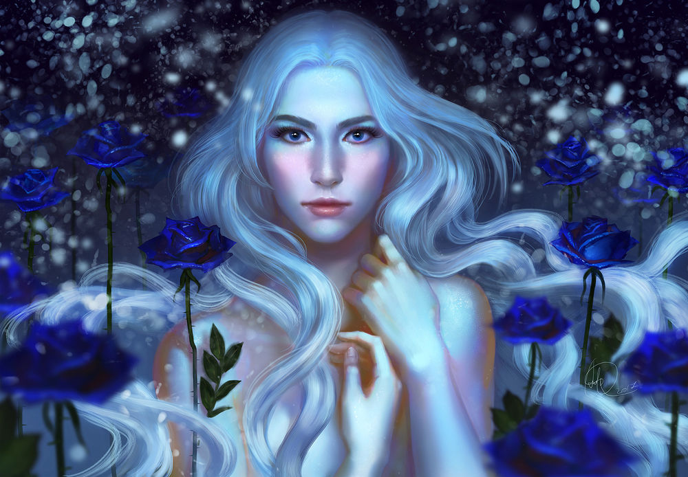 Обои для рабочего стола Девушка с белыми, длинными волосами стоит среди синих роз, by Anndr