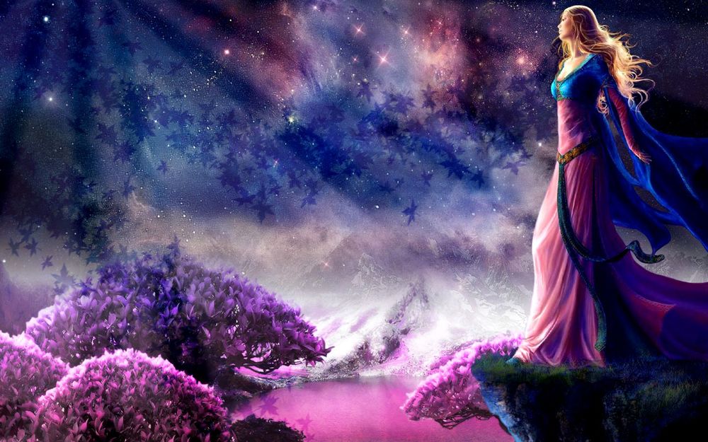 Обои для рабочего стола Красивая девушка на фоне сияния звездных метеоритов, фантастическая природа