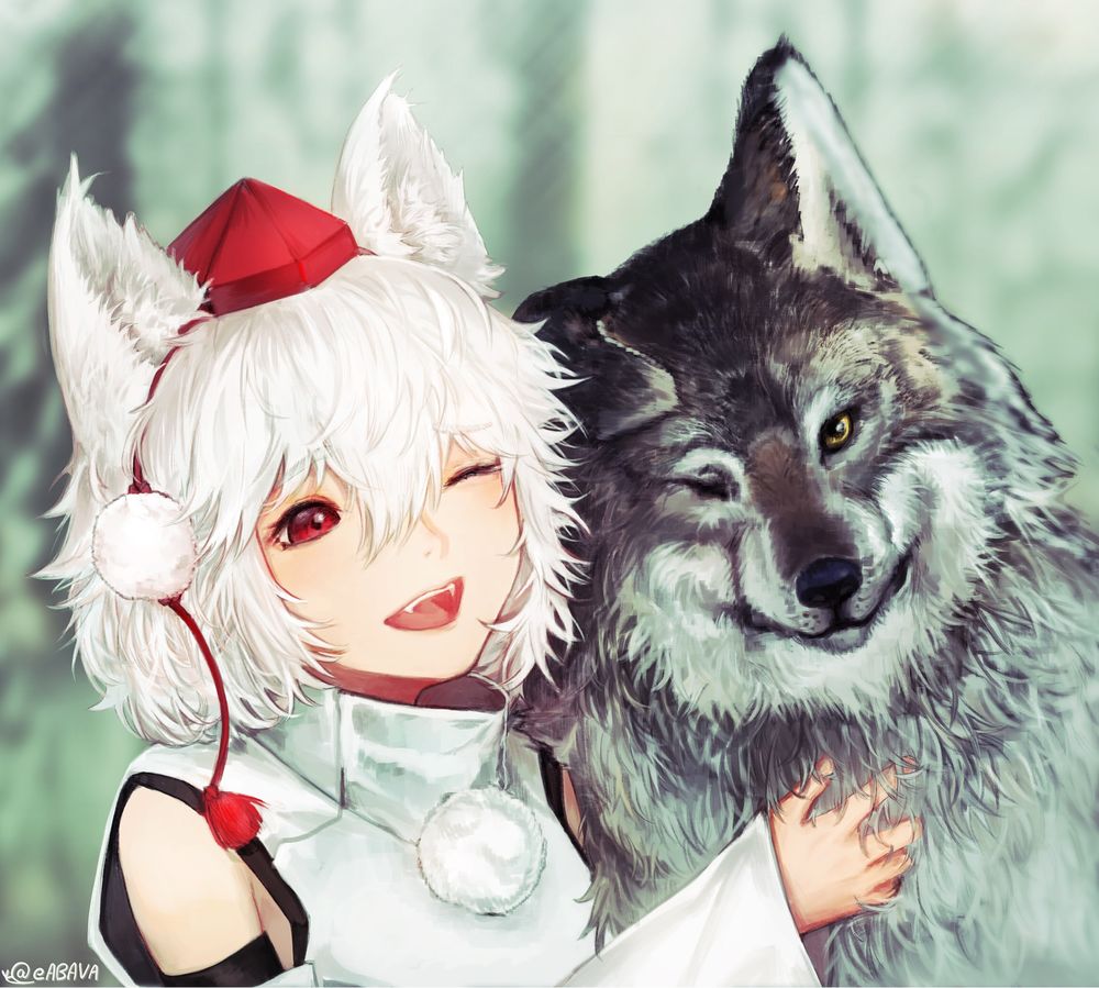 Обои на рабочий стол Inubashiri Momiji / Инубашири Момиджи обнимает волка,  из игры Touhou Project / Проект Восток, by Pixiv Id 7655326, обои для  рабочего стола, скачать обои, обои бесплатно