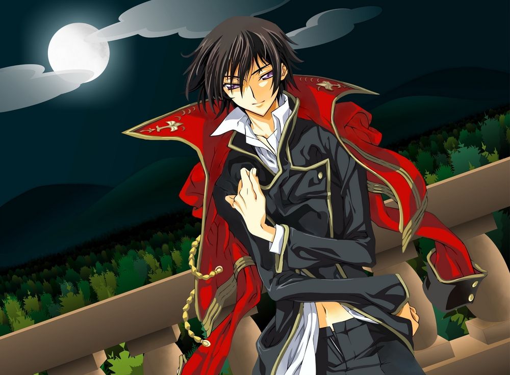 Обои для рабочего стола Лелуш / Lelouch стоит ночью на балконе из аниме Код Гиас: Восставший Лелуш / Code Geass: Lelouch of the Rebellion