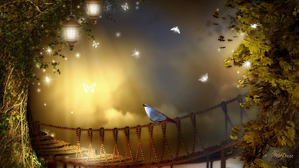 Обои для рабочего стола Красивая птичка сидит на подвесном мосту, вокруг летают светящиеся бабочки, на дереве фонари