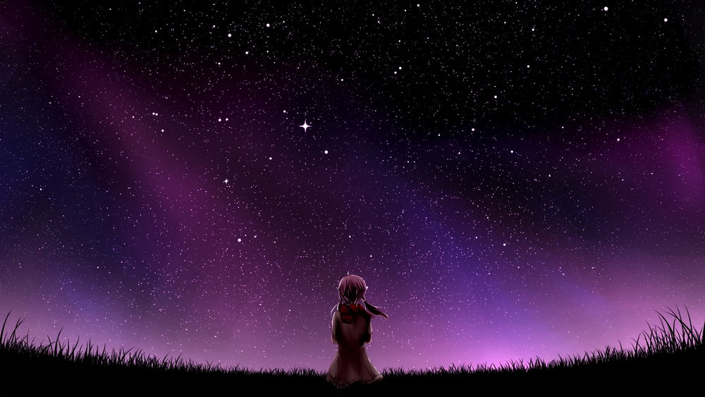 Обои для рабочего стола Vocaloid Yuzuki Yukari / Вокалоид Юзуки Юкари стоит на фоне фиолетового звездного неба