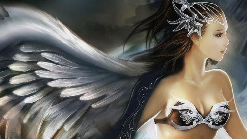 Обои для рабочего стола Нежная девушка-ангел с крыльями, на голове ажурное украшение, на фоне фантастической природы