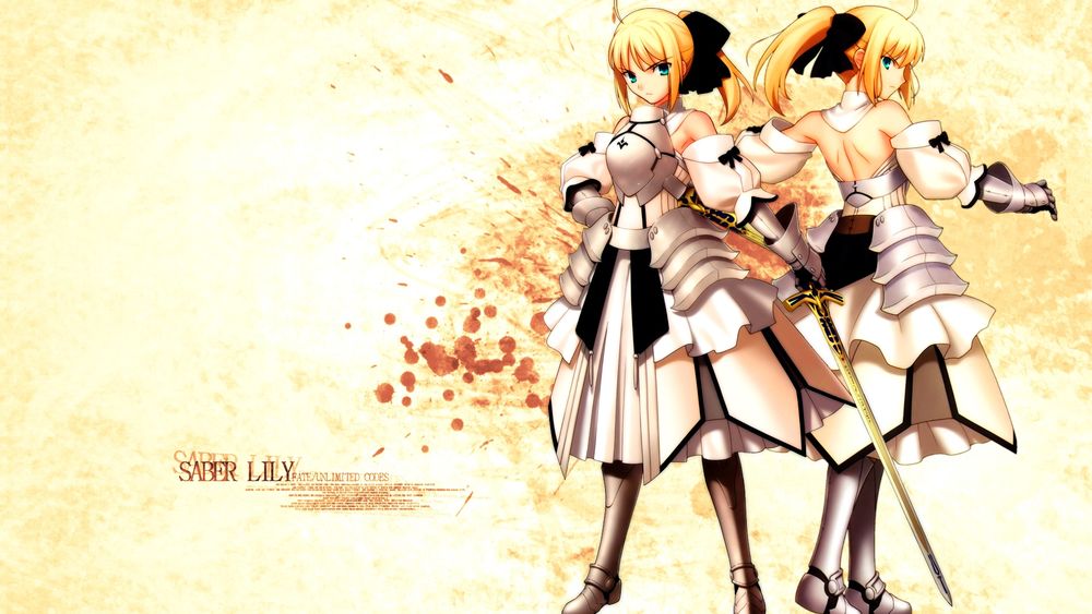 Обои для рабочего стола Сэйбер Лили / Сейбер Лилия / Saber Lily, персонаж компьютерных игр Fate / unlimited codes и Fate / Grand Order стоит в грозных позах на желтом фоне, испачканном кровью