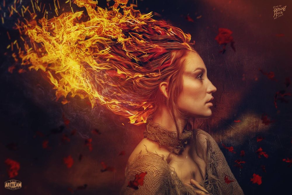 Обои для рабочего стола Девушка с огненными волосами в одежде из мешковины в окружении летающих горящих частичек, by Peter Brownz Braunschmid