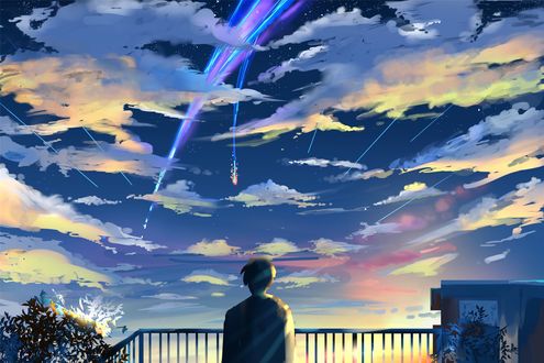Обои на рабочий стол Таки Тачибана / Taki Tachibana из аниме Твое имя / Kimi no Na wa / Your Name загадывает желание, глядя на падающие звезды