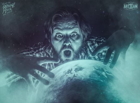 Обои на рабочий стол Фотограф Peter Brownz Braunschmid, широко открыв глаза и рот хочет прикоснуться руками к планете. Автопортрет, by Peter Brownz Braunschmid