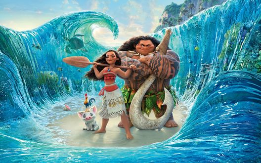 Обои на рабочий стол Моана Ваялики / Moana Waialiki, полубог Мауи / Maui, поросенок Пуа / Pua и петух Хей - хей из мультфильма Моана / Moana