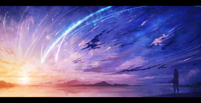 Обои на рабочий стол Силуэт Мицуха Миямизу / Mitsuha Miyamizu из аниме Твое имя / Kimi no Na wa / Your Name, любующейся падающими звездами на фоне заката, стоя у воды