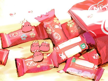 Обои на рабочий стол Конфеты Кит Кат и розовые птички, by チャイ
