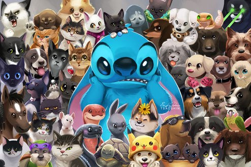 Обои на рабочий стол Стич / Stich из одноименного мультфильма Лило и Стич / Lilo and Stitch в толпе животных, art by TsaoShin