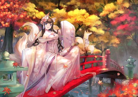 Обои на рабочий стол Девушка-лисица Fox girl сидит на перилах красного моста на фоне осенних деревьев
