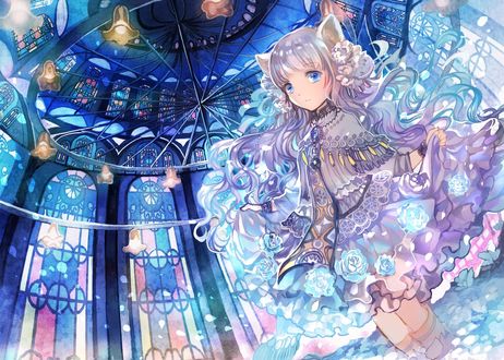 Обои на рабочий стол Neko girl, голубоглазая девочка с ушками стоит на фоне витражей