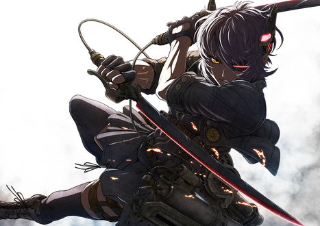 Обои на рабочий стол Tenryuu Light Cruiser сражается двумя мечами из игры Kantai Collection / Флотская Коллекция, art by Imizu