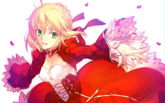 Обои на рабочий стол Сейбер / Saber из игр Fate / Extra и Fate / Grand Order радостно бежит