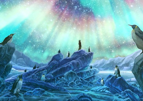 Обои на рабочий стол Девушка и пингвины любуются северным сиянием, by KUN