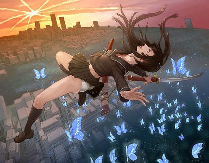 Обои на рабочий стол Школьница с катаной парит в небе над городом с голубыми бабочками