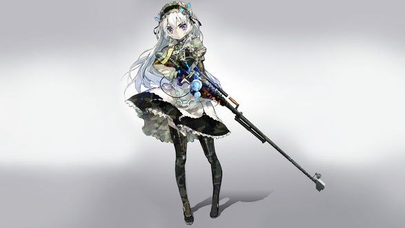 Обои на рабочий стол Chaika Trabant / Чайка Трабант (Белая) с винтовкой из аниме Hitsugi no Chaika / Чайка и гроб