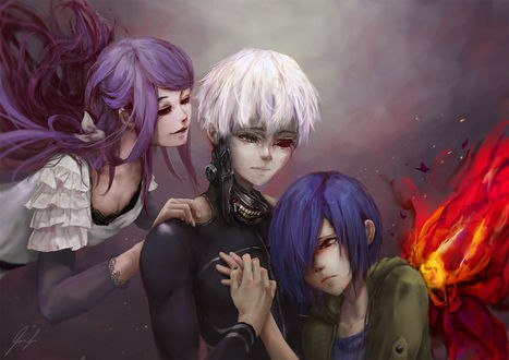 Обои на рабочий стол Кэн Канэки / Ken Kaneki, Тока Киришима / Touka Kirishima и Ризэ Камиширо / Rize Kamishiro из аниме Токийский монстр / Tokyo Ghoul, by cheesewoo