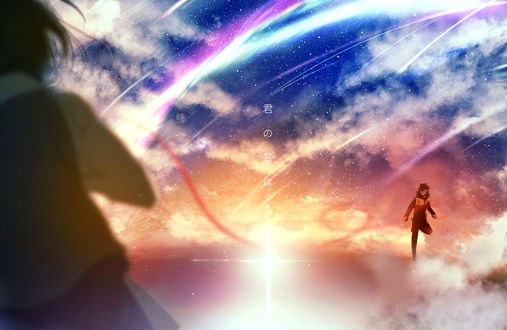 Обои на рабочий стол Мицуха Миямизу / Mitsuha Miyamizu и Таки Тачибана / Taki Tachibana из аниме Твое имя / Kimi no Na wa