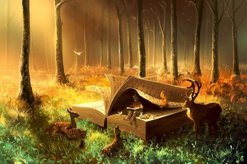 Обои на рабочий стол Мальчик с книжкой в руках сидит на огромной книге рядом с кроликом и птичкой, в окружении оленей, by Aquasixio - Cyril ROLANDO