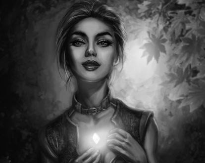 Обои на рабочий стол Девушка с сияющим предметом у рук, by Astrid Aguirre