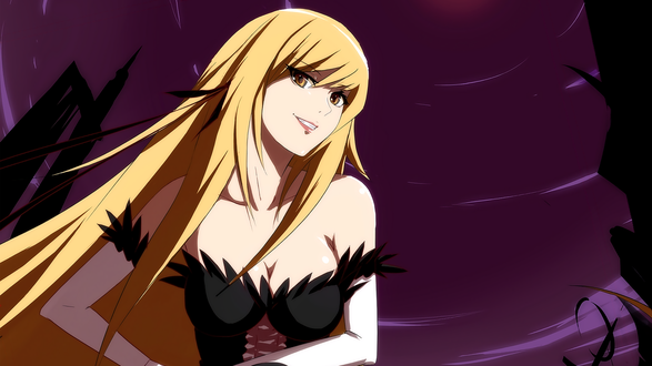 Обои на рабочий стол Кисс-шот Ацерола-орион Харт-андер-блэйд / Kiss-shot Acerola-orion Heart-under-blade из аниме Истории ран / Kizumonogatari самоуверенно улыбается на фоне сиреневого неба