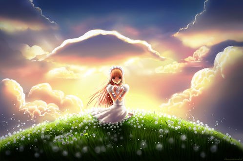 Обои на рабочий стол Девушка стоит на поле с одуванчиками, by Chibionpu