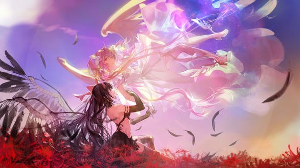Обои на рабочий стол Хомура Акэми / Homura Akemi и Канаме Мадока / Kaname Madoka из аниме Mahou Shoujo Madoka Magica / Девочка-волшебница Мадока Магика, автор Noir