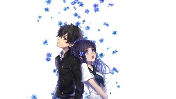 Обои на рабочий стол Chitanda Eru / Читанда Эру и Oreki Houtarou / Ореки Хоутаро стоят под осыпающимися незабудками из аниме Hyouka: You cant escape / Хоука: тебе не уйти, art by Futoshi