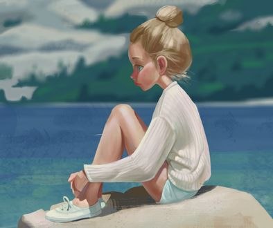 Обои на рабочий стол Девочка сидит на камне на фоне природы, by veck lan