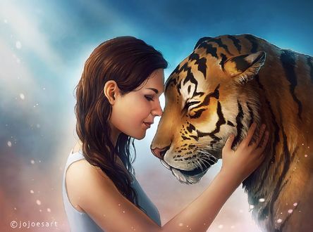 Обои на рабочий стол Девушка с тигром, by JoJoesArt