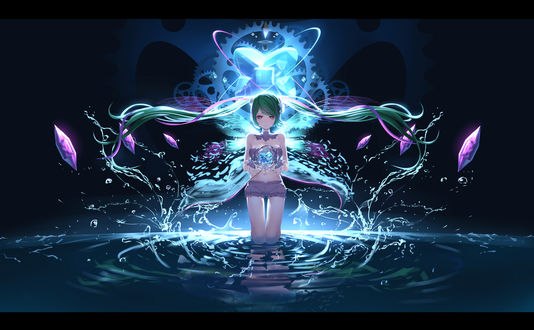 Обои на рабочий стол Вокалоид Мику Хацунэ / Hatsune Miku по колено в воде, автор HK